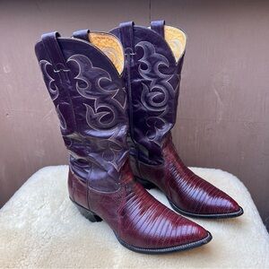 Vintage Nocona Boots Men’s Sz 9 E Teju Lizard Cowboy Western Rodeo Burgundy USA